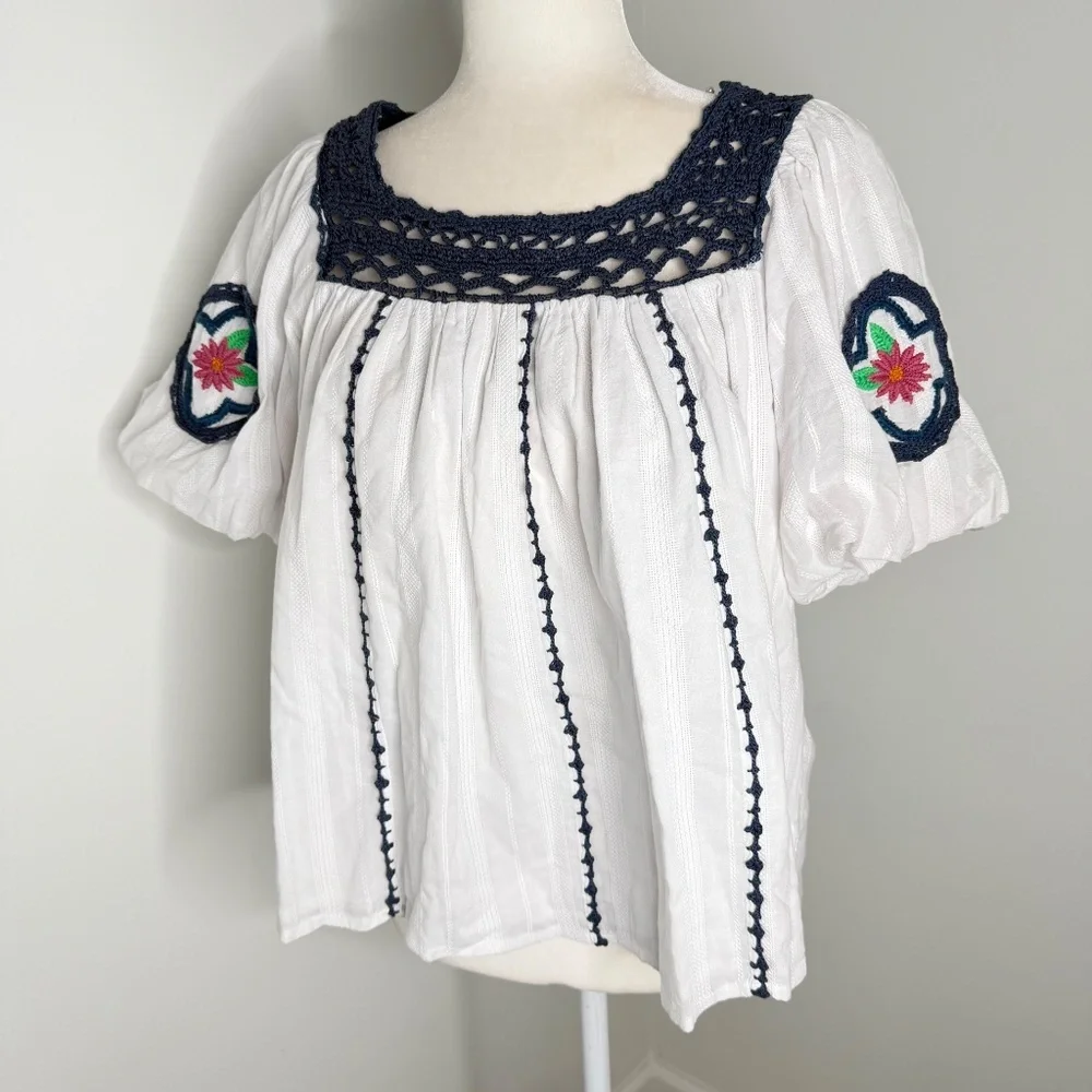 Cleobella Navy Crockett White Organic Cotton Blouse Top L - Picture 5 of 6